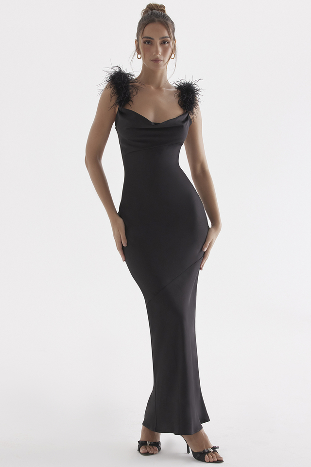 'Tabitha' Black Satin Maxi Dress